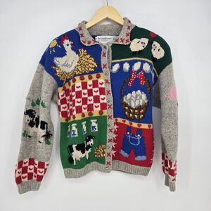 Vintage 90s womens M hand knit Shetland wool country farm animal cardigan